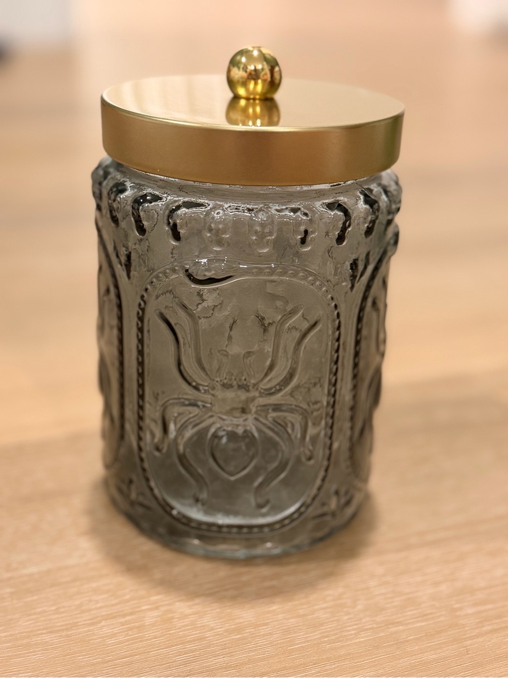 CWC Halloween Smokey black gray glass jar embossed with spiders and skulls